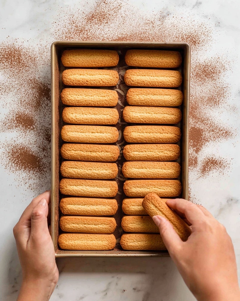 A rectangular tray filled with two neat rows of light brown ladyfinger biscuits, each having a slightly textured and spongy surface with a warm golden hue. The tray is being held at the bottom by a pair of hands and a woman's hand is gently placing one biscuit at the top right corner. Cocoa powder is sprinkled around the edge of the tray on a white marbled surface, creating a soft brown dusting contrast. Photo taken with an iphone --ar 4:5 --v 7