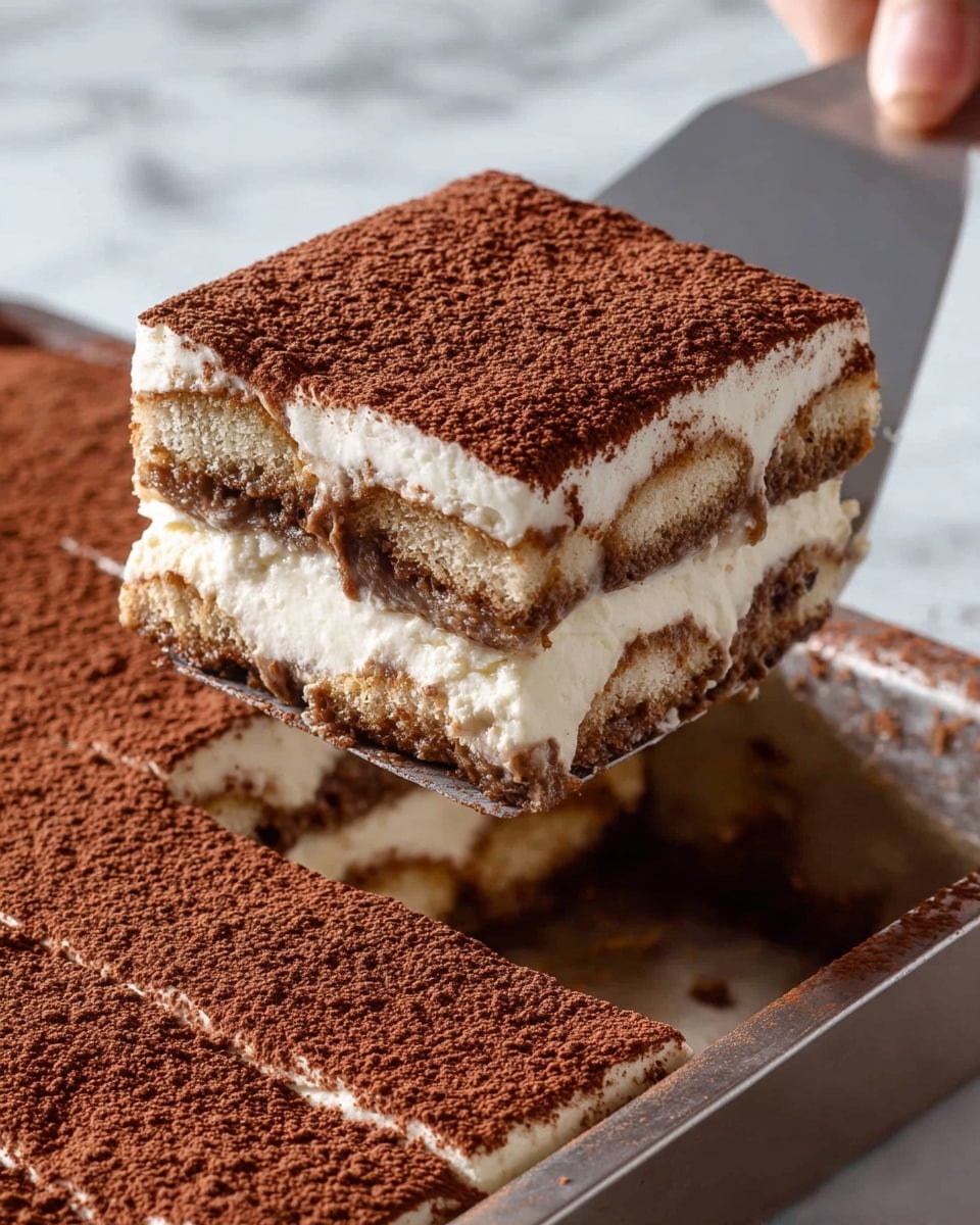 A square piece of tiramisu being lifted by a gray spatula from a metal tray. This dessert has three visible layers: the bottom layer is dark brown soaked ladyfingers, the middle layer is creamy white mascarpone filling with more ladyfingers embedded inside, and the top layer is a thick dusting of cocoa powder with a textured, uneven surface. The white marbled surface is blurred in the background. Photo taken with an iphone --ar 4:5 --v 7
