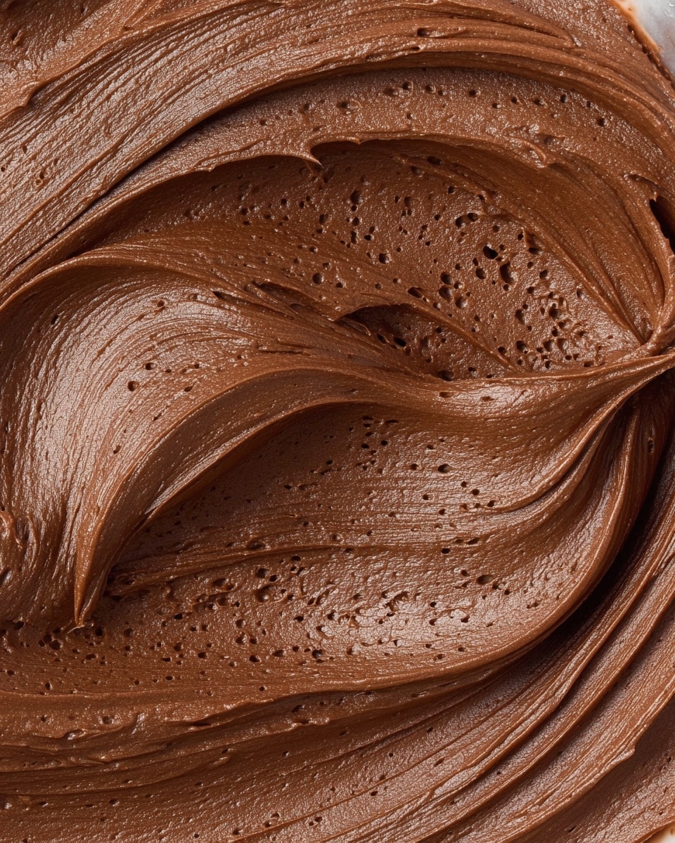 This image shows a close-up of smooth, thick chocolate frosting spread evenly with wide, soft swirls creating curved, deep ridges and a glossy texture. The rich dark brown color fills the frame, with no layers visible, just the single creamy layer of frosting covering the surface. The surface has small air pockets adding a bit of texture, and the edges taper off softly. The background is a white marbled texture. photo taken with an iphone --ar 4:5 --v 7