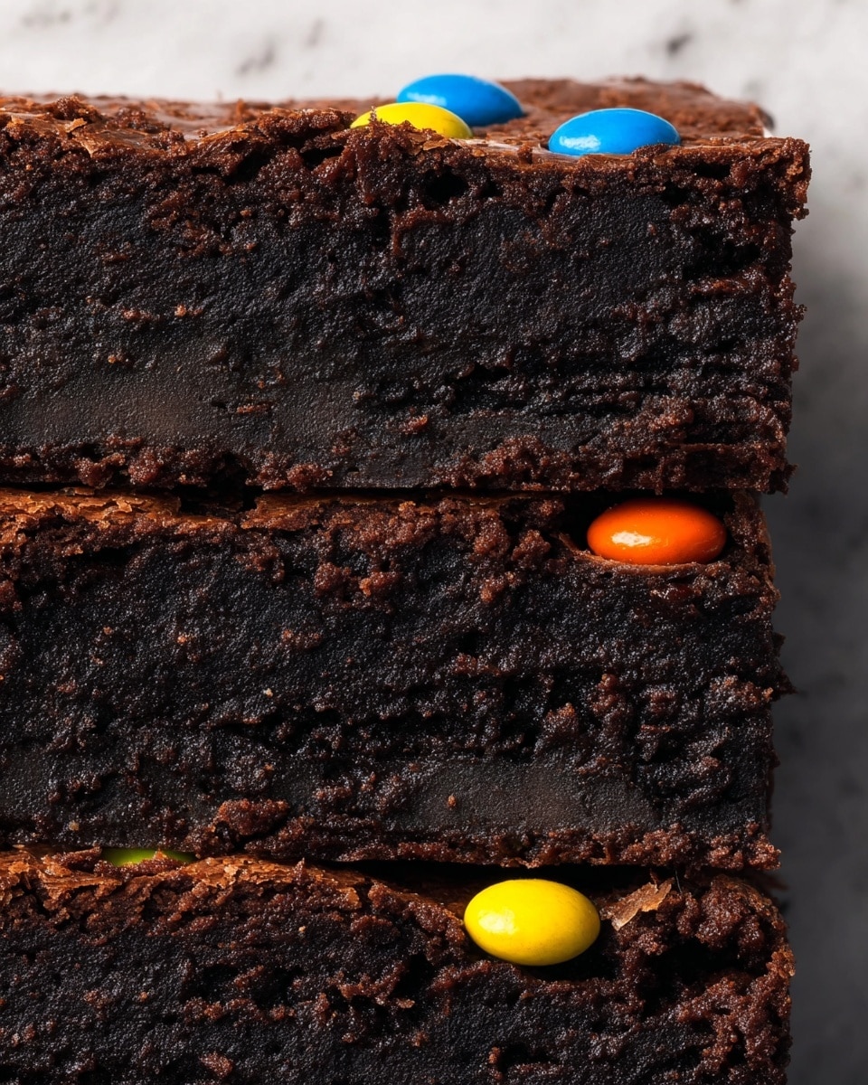 The image shows a close-up of four stacked dark brown brownies with a rough, slightly crumbly texture. Each brownie layer has a few colorful candy-coated chocolates embedded near the edges, with visible blue, orange, and yellow pieces. The brownies are placed on a white marbled surface which contrasts with the dark rich color of the brownies. The photo focuses on the middle section of the stack, showing the thickness and density of each brownie layer clearly photo taken with an iphone --ar 4:5 --v 7