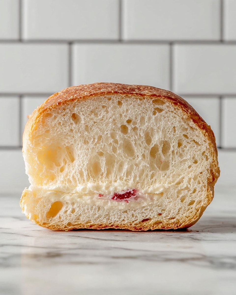 The image shows soft, golden-brown round buns lightly dusted with white powdered sugar on top. Each bun is split at the center, filled with a layer of smooth, white cream that is piped in thick lines, creating a textured look. On top of the cream, at the center split, there is a dollop of bright red jelly being added from a red piping bag held by a woman's hand. The buns are arranged closely on a baking tray over a white marbled surface. Photo taken with an iphone --ar 4:5 --v 7
