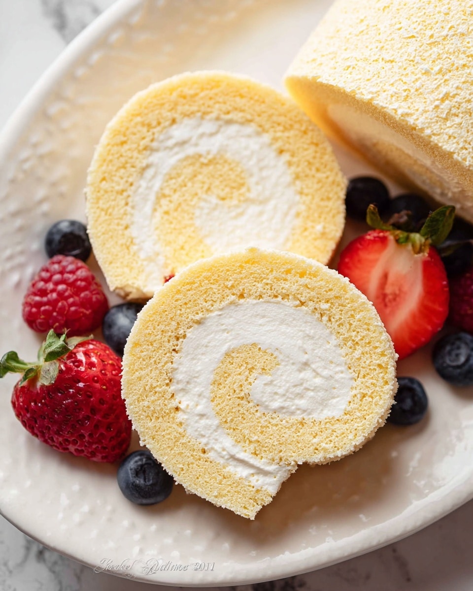 A soft, light yellow sponge cake rolled into a spiral with a thick, creamy white filling inside, topped with fresh, bright red strawberry halves and small dark blue blueberries; the cake sits on a white plate, surrounded by more strawberries, raspberries, and blueberries, all resting on a white marbled surface, with a soft, natural light highlighting the textures and colors of the fruit and cake photo taken with an iphone --ar 4:5 --v 7