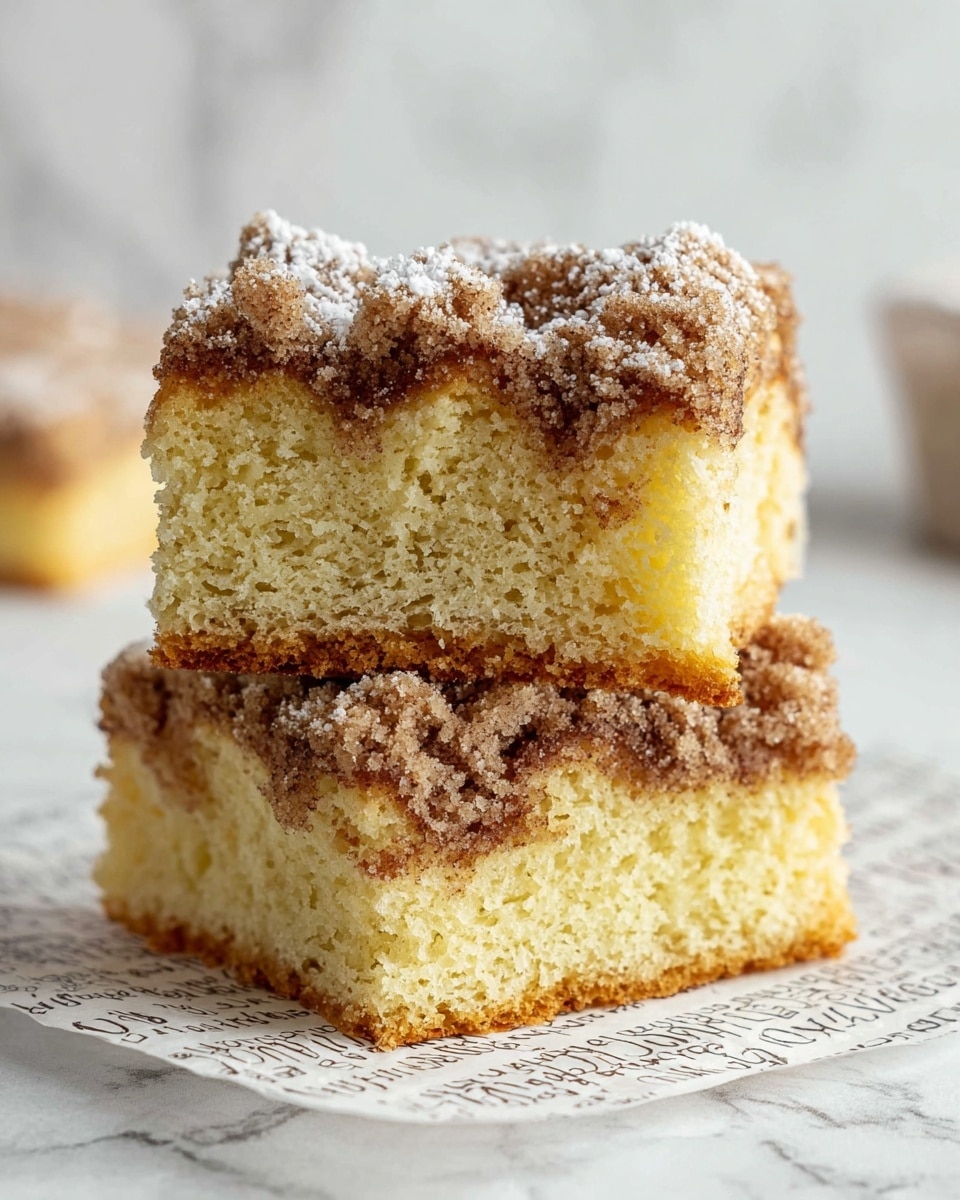 The image shows a close-up of two stacked squares of cake. Each cake piece has two visible layers: the bottom layer is a light yellow sponge cake with a soft and airy texture, while the top layer is a crumbly, brown cinnamon streusel with a dusting of white powdered sugar. The cakes are placed on a white paper with printed text, all set on a surface with a white marbled texture, and the background is softly blurred in light tones. Photo taken with an iphone --ar 4:5 --v 7