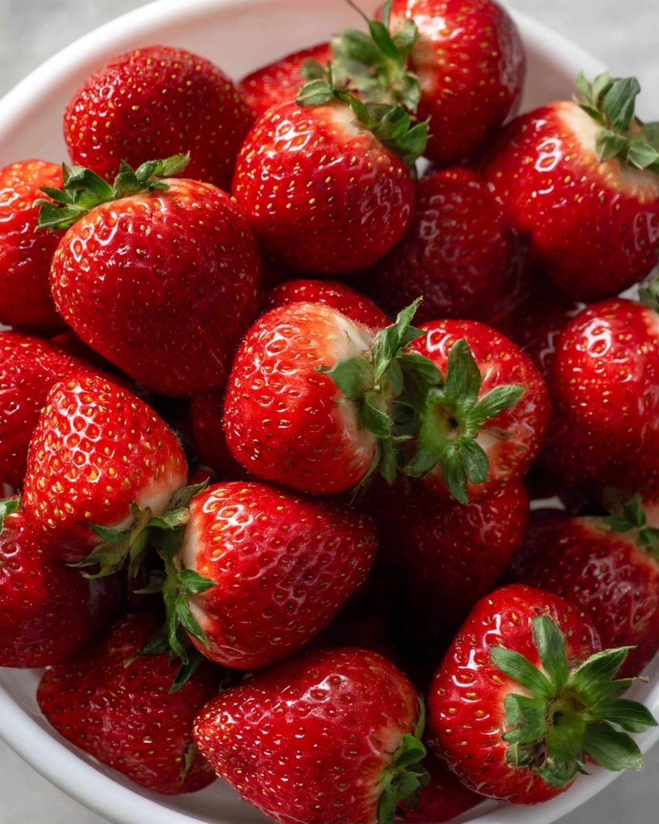 A close-up view of a bowl full of fresh red strawberries with green leafy tops. The strawberries have a shiny, smooth texture with tiny seeds dotting their surface. The bowl is white and sits on a white marbled surface, filling almost the entire frame with bright, ripe strawberries. The image captures the fresh and juicy look of the strawberries. photo taken with an iphone --ar 4:5 --v 7