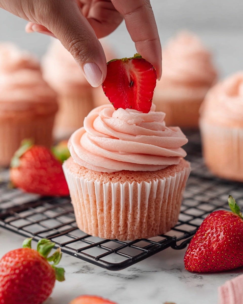 The image shows several pink cupcakes on a black wire cooling rack set on a white marbled surface. Each cupcake has a base layer of soft pink cake with a smooth texture, topped with a generous swirl of light pink frosting that has a creamy, slightly speckled look. On top of each frosting swirl sits a fresh half strawberry with a bright red color and green leaves. Around the cupcakes, whole and halved strawberries are scattered on the white marbled surface. In the background, a piping bag filled with a matching pink frosting rests on the surface. photo taken with an iphone --ar 4:5 --v 7