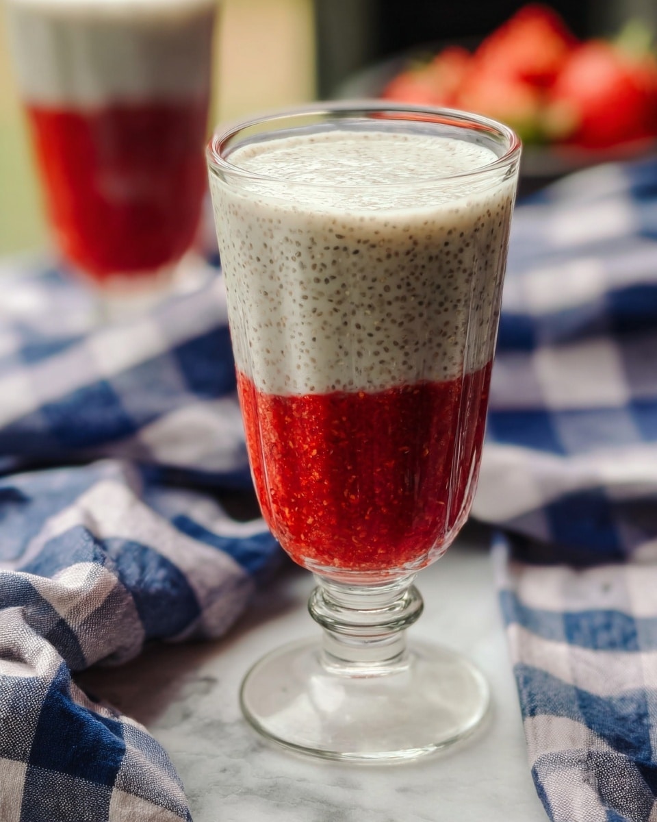 The image shows a tall clear glass on a white marbled surface, filled with two distinct layers. The bottom layer is bright red with a slightly chunky texture, while the top layer is creamy white with small black seeds evenly spread throughout, giving it a speckled look. The glass stands on a small stem with a round base. A blue and white checked cloth is draped casually near the glass in the background with another glass partially visible. The lighting is natural and soft, highlighting the textures clearly. photo taken with an iphone --ar 4:5 --v 7
