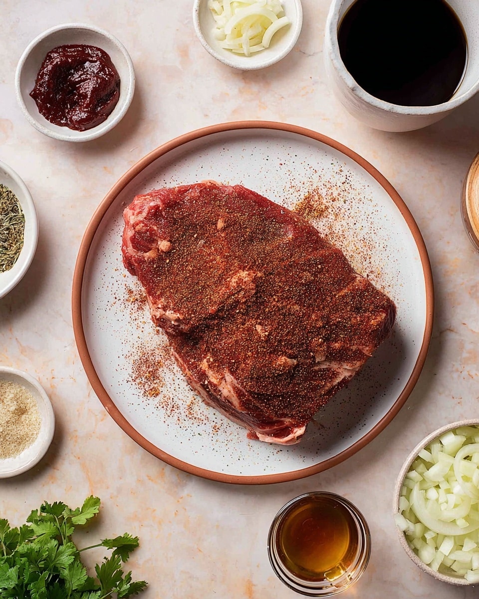 On a white plate with a brown rim, there is one large piece of raw meat covered with a dark red spice mix sprinkled evenly on top, showing a rough texture. Around the plate, on a white marbled surface, there are small white bowls with different ingredients: a small bowl with deep red paste, a clear glass bowl filled with dark brown liquid, a white cup filled with a very dark liquid, another bowl with chopped white onions, and a small bowl filled with minced garlic. Green parsley is partially visible at the bottom left corner. All elements are neatly placed and well-lit. Photo taken with an iphone --ar 4:5 --v 7