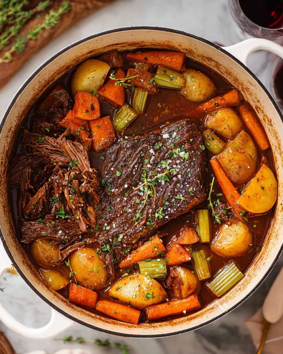 A white pot filled with several layers of cooked food shows a thick piece of dark brown meat in the center with a shredded portion to the left. Surrounding the meat are chunky orange carrot pieces, light brown potatoes, and green celery sticks in a rich brown sauce. Fresh green herbs and coarse salt are sprinkled on top, and the pot rests on a white marbled surface with a glimpse of a woman's hand and some kitchen items blurred in the background. photo taken with an iphone --ar 4:5 --v 7
