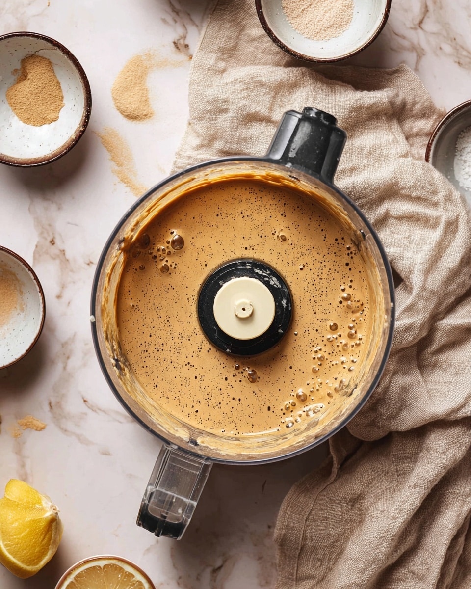 A top view of a food processor bowl filled with a thick, light brown sauce with small bubbles on its surface, showing the black and cream center blade in the middle. The food processor sits on a beige, wrinkled cloth over a white marbled surface. Around it, there are small white bowls with dark brown rims, some empty and one with light brown powder, and a halved lemon at the bottom left corner. Photo taken with an iphone --ar 4:5 --v 7