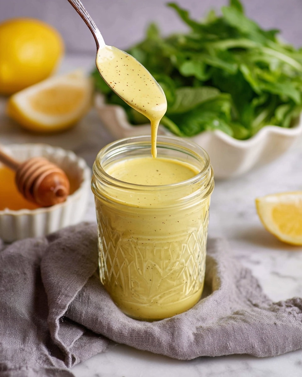 A clear glass jar with a textured pattern is filled with a creamy yellow sauce that has small black specks inside; a silver spoon above the jar drips the sauce back down; the jar rests on a crumpled gray cloth that lies on a white marbled surface; behind the jar, there is a bunch of fresh green leafy herbs in a white scalloped dish, a whole lemon, a half lemon, and a small white bowl containing honey with a honey dipper partially submerged in it; soft natural light highlights the smooth and thick texture of the sauce photo taken with an iphone --ar 4:5 --v 7