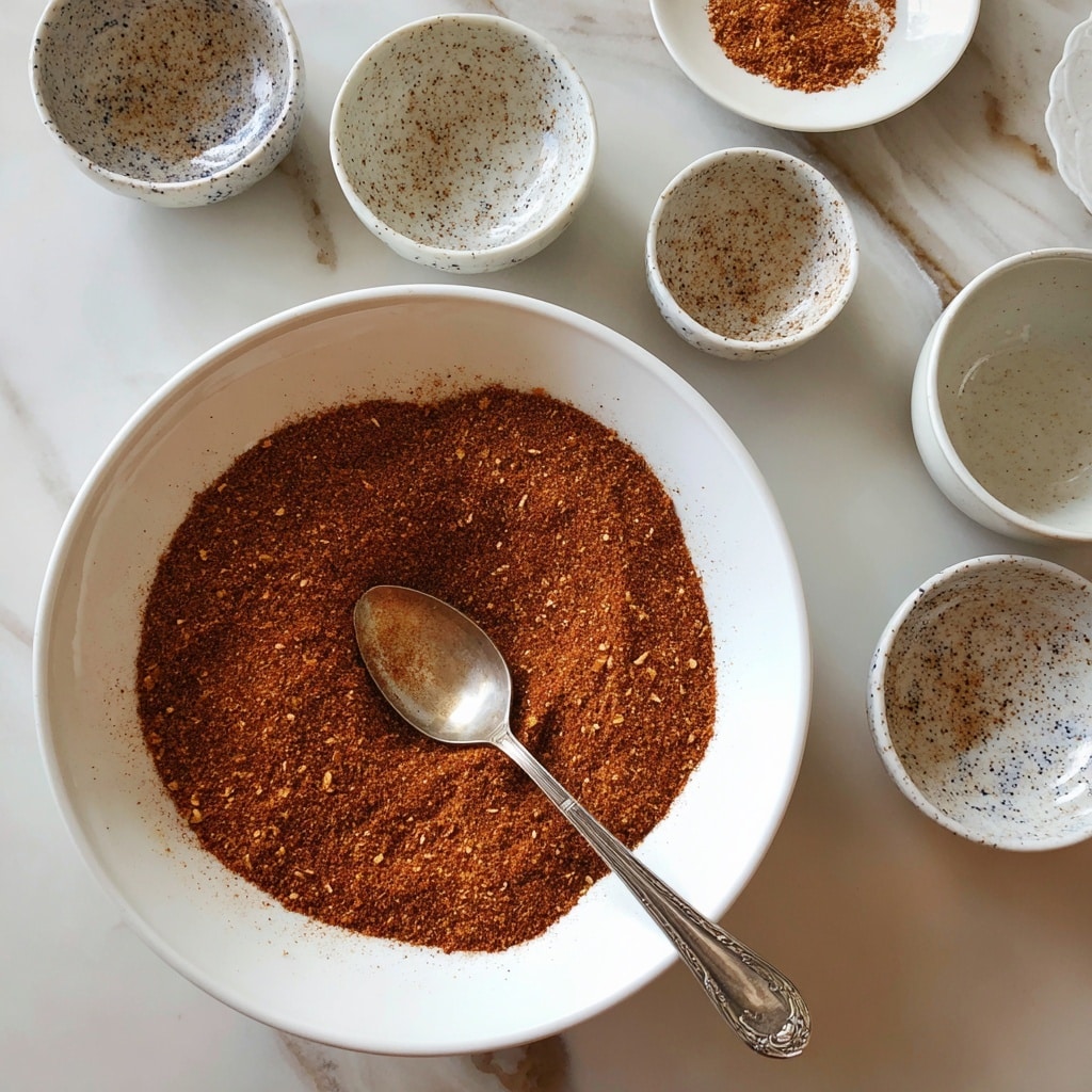 A large white bowl filled with a fine, reddish-brown spice mix with small granules and bits, a silver spoon rests inside with some spice on it. Around the bowl are several white plates and small bowls with brown speckles, all on a white marbled surface. There is also a pale pink card with the number