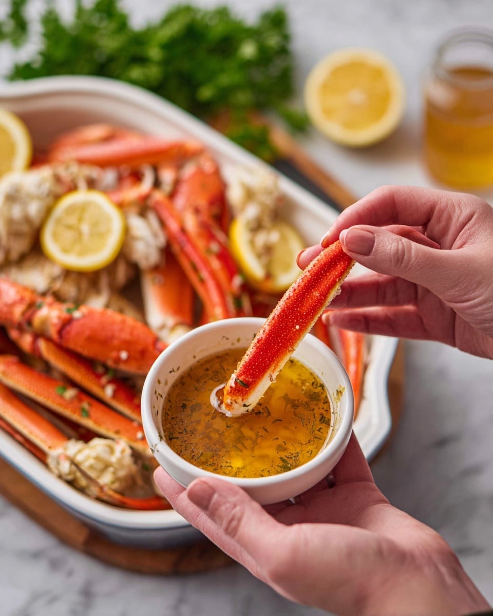 The image shows cooked crab legs stacked in a white baking dish on a white marbled surface. The crab legs are orange-red with textured seasoning spread all over, made of garlic, herbs, and spices in small pieces. There is a yellow sauce pooled at the bottom of the dish. Around the crab legs, there are lemon wedges placed on top and at the edges, adding bright yellow color. Small green herb leaves add contrast to the dish. In the background, a blurred glass jar with green herbs is visible. photo taken with an iphone --ar 4:5 --v 7