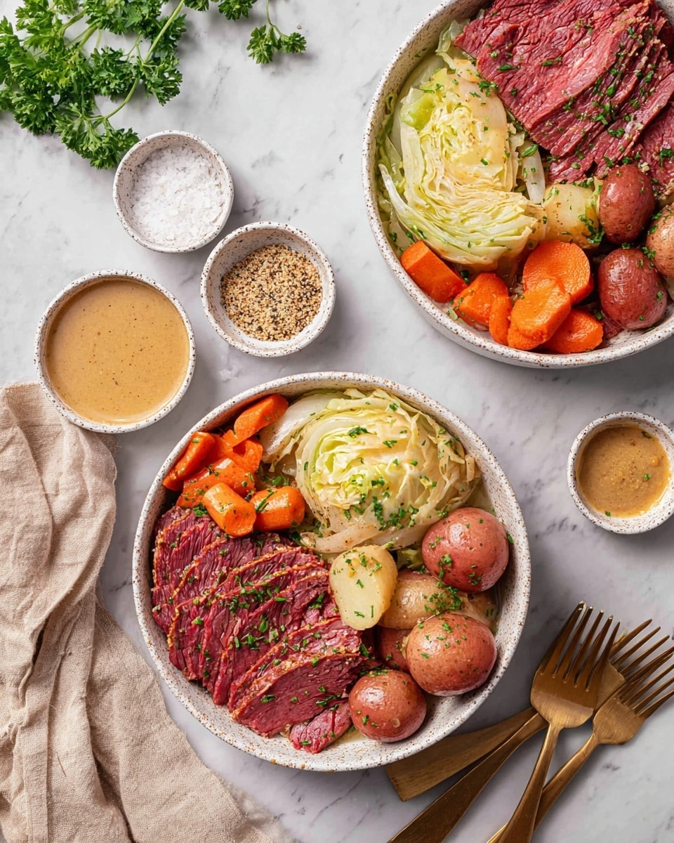 A white bowl holds a layered meal with three main parts: two round slices of light yellow cabbage with soft ridges are positioned at the back; in front, there is a thick slice of pink corned beef sprinkled with green parsley and coarse salt; on the left side of the bowl, small red potatoes with a shiny skin are clustered next to bright orange carrot pieces, both seasoned with pepper and green herbs. There is also a dollop of coarse grain mustard on the right edge of the bowl. The bowl sits on a white marbled surface with a soft grey cloth and another bowl partially visible in the background. Photo taken with an iphone --ar 4:5 --v 7