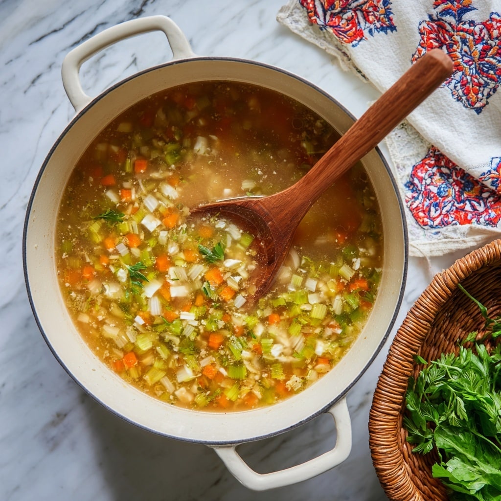 A white pot filled with a light brown broth has many small white cubes floating in it, mixed with tiny pieces of green, orange, and yellow vegetables. A wooden spoon with a long handle is partially submerged in the broth, stirring the mixture. To the right side of the pot, there is a woven basket with green leafy herbs. The pot is placed on a white marbled surface next to a white cloth with red and blue patterns. photo taken with an iphone --ar 4:5 --v 7