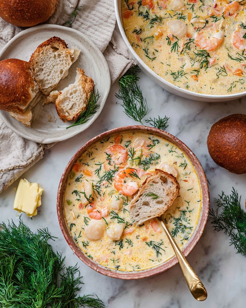 A white bowl with light brown edges holds creamy soup filled with several pieces of light pink shrimp, pale white and orange vegetable cubes, and small green herb sprigs scattered throughout. In the soup, there is a round dark brown piece of bread partially soaked with the cream. A silver spoon lifts a shrimp and some herbs from the bowl. Around the bowl, a basket with green herbs sits on a white marbled surface, along with two round brown bread rolls wrapped in a white cloth, and a white plate with a round dark brown bread slice topped with light yellow butter. photo taken with an iphone --ar 4:5 --v 7