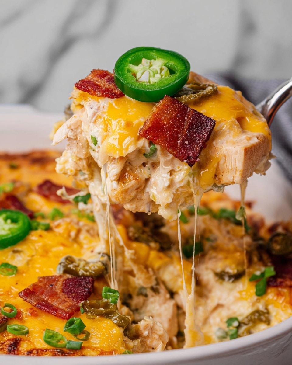 A close-up of a large scoop of cheesy chicken casserole lifted by a silver utensil over a white dish filled with more of the casserole. The dish shows layers of melted yellow and white cheese dripping down, covering chunks of light beige chicken mixed with small pieces of cooked green jalapeño and green onions. On top of the lifted scoop is a bright green slice of fresh jalapeño and a small square piece of crispy reddish-brown bacon. The casserole inside the white dish has more jalapeño slices and green onions visible, with melted cheese stretching in long strings from the scoop to the dish. The background shows a white marbled texture. photo taken with an iphone --ar 4:5 --v 7