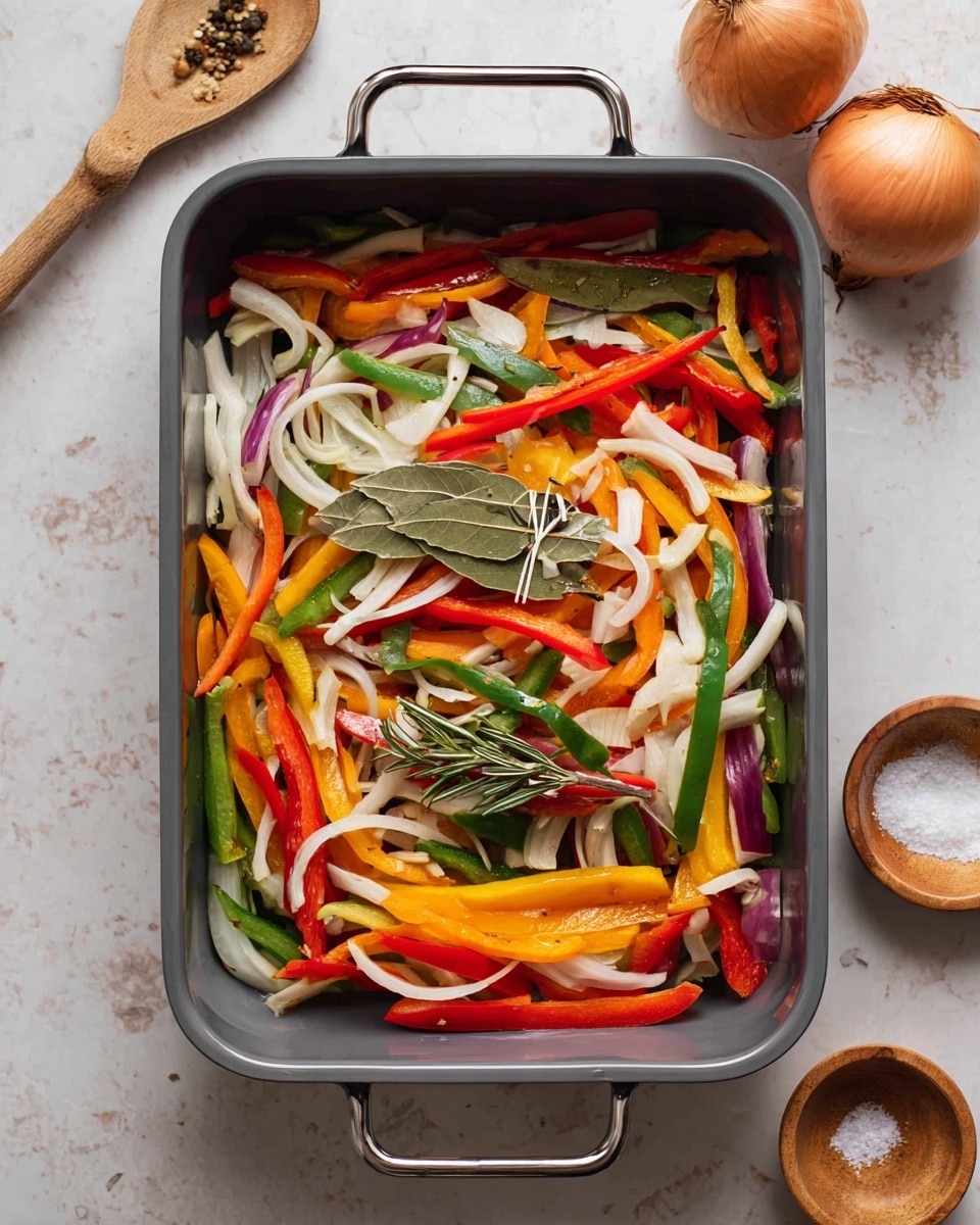 Inside a gray roasting pan with metal handles, there are many thin slices of vegetables layered loosely; the bottom layer shows long strips of red, yellow, orange, and green bell peppers mixed with white onion rings. On top, scattered bay leaves and a small bundle of rosemary tied with white string add texture and detail. The pan sits on a white marbled surface with two whole onions in the upper right and wooden bowls containing salt and white powder near the bottom edges. Photo taken with an iphone --ar 4:5 --v 7