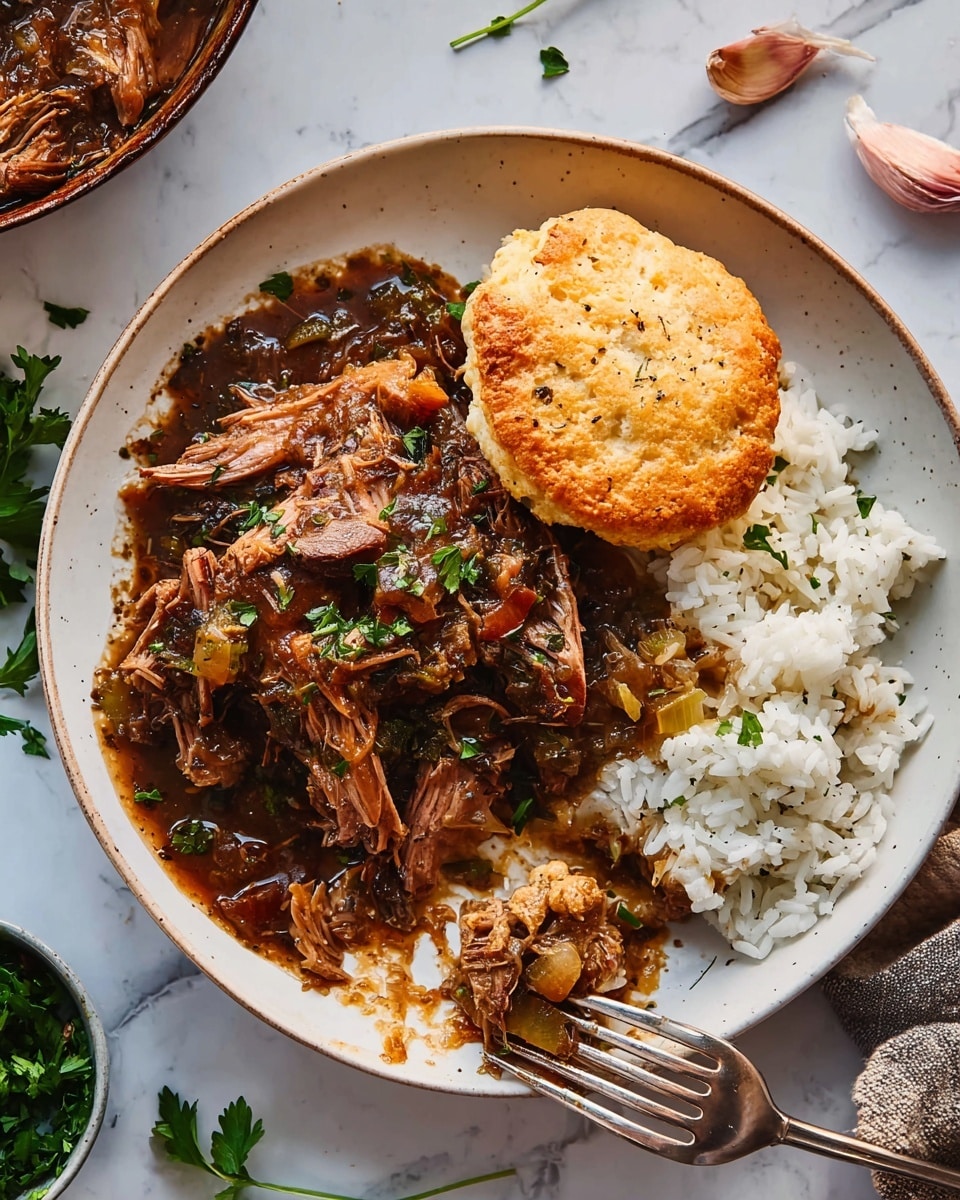 The image shows a blue bowl filled with white rice as the bottom layer, topped with shredded brownish meat covered in a thick dark brown sauce with visible green herbs. On top of the rice and meat, a golden brown biscuit rests on the left side of the bowl. A fork with a wooden handle is placed inside the bowl, resting on the right side among pieces of the shredded meat and rice. The bowl sits on a white marbled surface, surrounded by two whole onions on the top right, a small white bowl with chopped green herbs on the top left, and a wooden bowl of salt on the bottom right, along with a beige cloth. Photo taken with an iphone --ar 4:5 --v 7