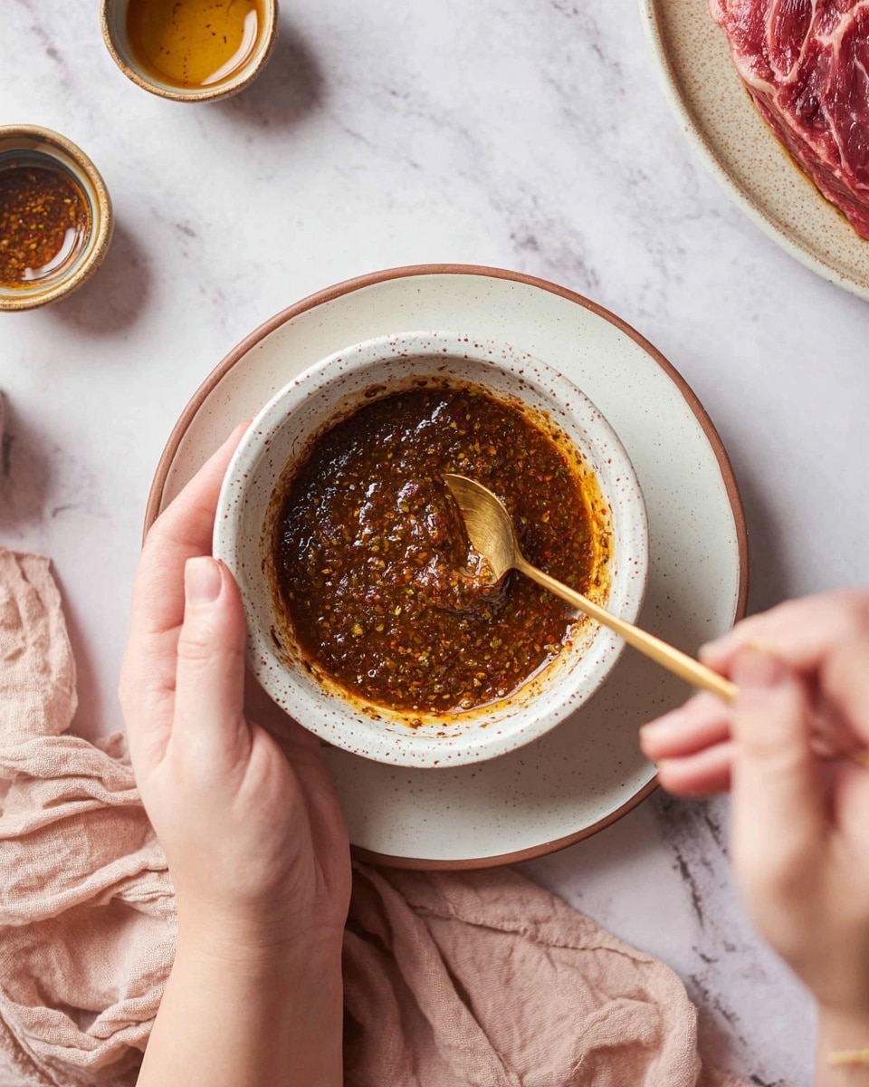 A close-up view of a woman's hands holding a small speckled white bowl filled with a thick, dark reddish-brown sauce mixed with herbs and spices. The sauce has a textured, slightly chunky look, and the woman's hand is stirring it with a small gold spoon. The bowl is placed on a white plate with a subtle brown rim, which is on a white marbled surface. In the background, a piece of raw red meat peeks out from under the plate, and a soft, crumpled light pink cloth lies to the upper left. Small cups with golden and brown contents are partially visible around the edges. Photo taken with an iphone --ar 4:5 --v 7