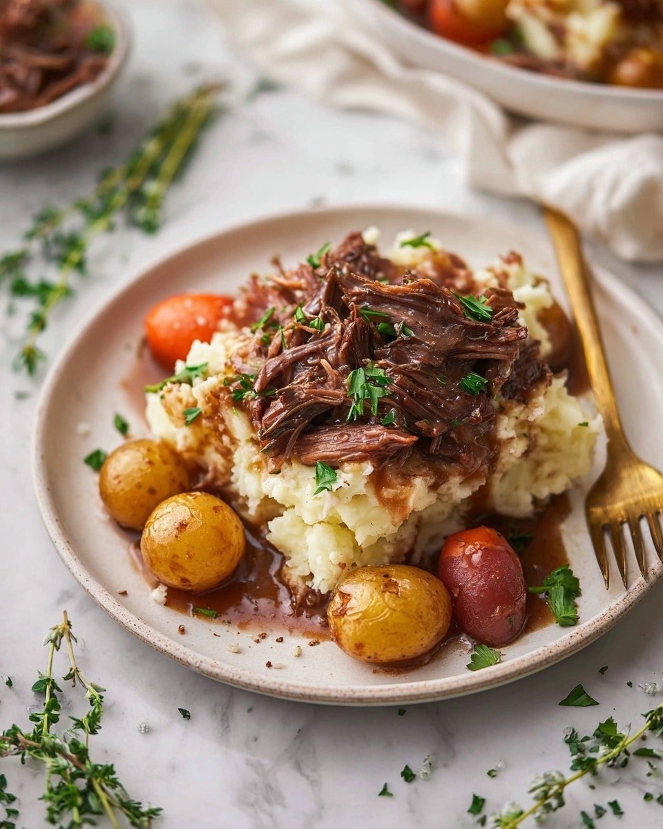 A white plate holds three layers: the bottom layer is creamy mashed potatoes with bits of red skin showing through, the middle layer has small golden brown whole potatoes and sliced carrots, and the top layer is shredded dark brown meat covered with a thick brown sauce. Small green parsley leaves are sprinkled over the dish. A gold fork sits on the right side of the plate. The scene has a white marbled surface with some sprigs of fresh herbs around the plate. photo taken with an iphone --ar 4:5 --v 7