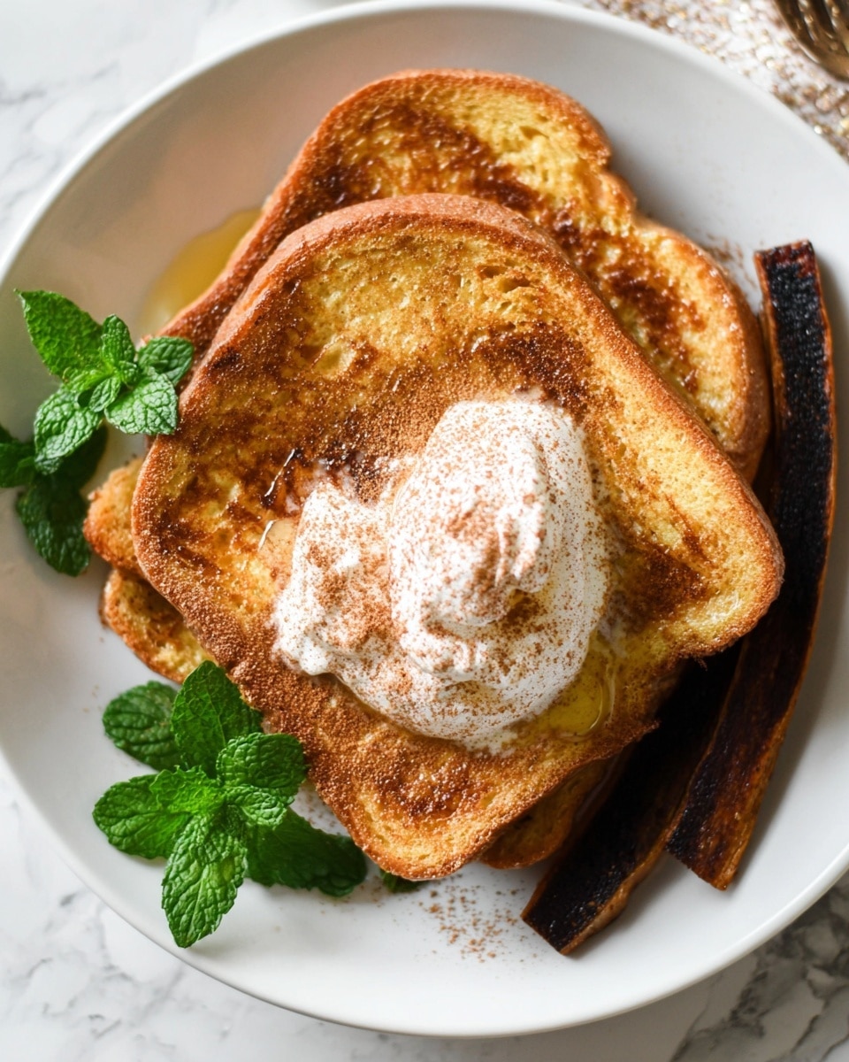 A close-up of two thick slices of golden brown French toast stacked slightly overlapping on a large white plate, with a small pat of melting yellow butter on the front slice. The toast is sprinkled with cinnamon powder and topped with a dollop of creamy white whipped topping sprinkled lightly with cinnamon. A fresh green mint leaf is placed near the top slice. A woman's hand is holding a gold fork, lifting a bite-sized piece from the bottom slice, showing the soft texture under the whipped topping. The white marbled surface is visible beneath the plate. photo taken with an iphone --ar 4:5 --v 7