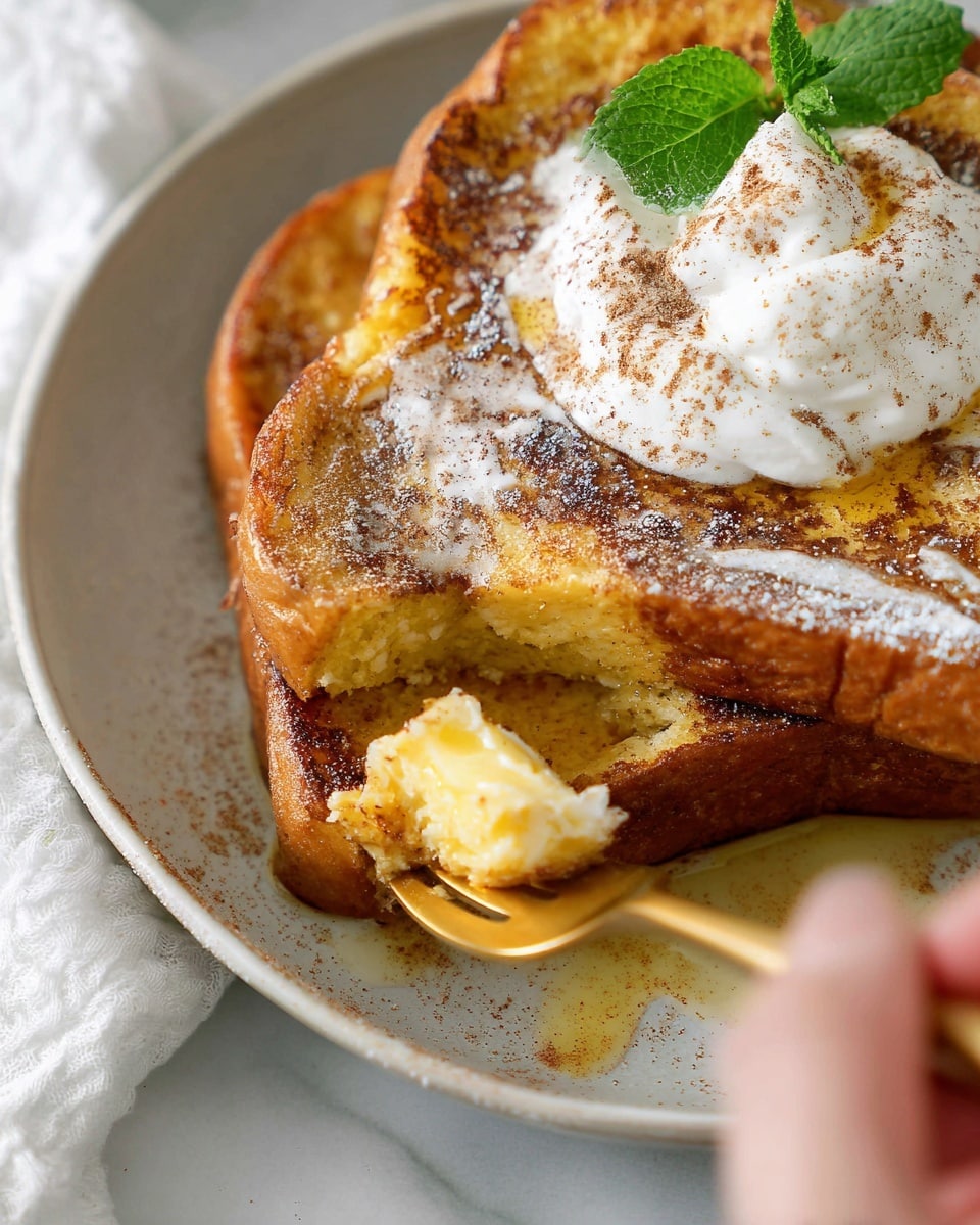 A white bowl holds three golden-brown slices of French toast stacked slightly overlapping, with a small pat of melted butter on the bottom slice and a dollop of whipped cream dusted with cinnamon on top, fresh green mint leaves beside them adding color. On the right side of the bowl, there are three browned sausage links placed closely. The bowl sits on a wooden tray next to a gray textured cloth and small white flowers. Above and to the left of the bowl is a dark cup filled with a brown liquid, set on a white marbled surface. Photo taken with an iphone --ar 4:5 --v 7