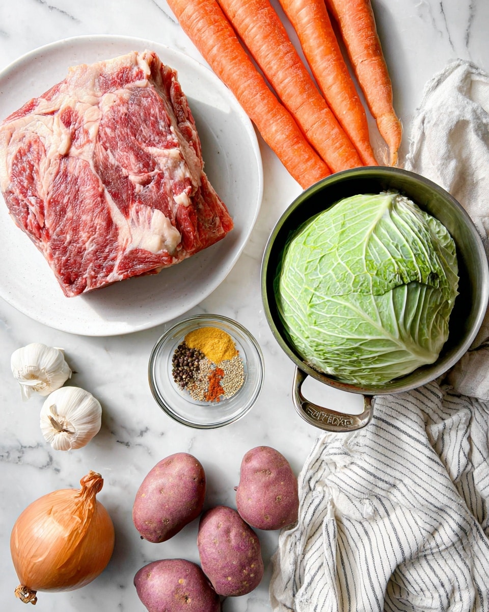 A white plate holds a layered meal with four slices of reddish cooked meat arranged in the center, showing a textured, tender surface. To the right of the meat is a wedge of light green cabbage sprinkled with parsley. Below the cabbage is a dollop of grainy mustard in yellow and brown shades. To the left side, there are chunky pieces of red potatoes with skins and orange carrot cubes accented with thin onion slices and sprinkled with herbs. Two thick triangular slices of brown bread lean against the back of the plate. The plate rests on a white marbled surface with a glass of dark drink slightly blurred in the background. photo taken with an iphone --ar 4:5 --v 7