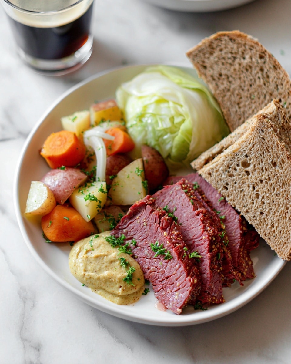 A white bowl holds three main layers of food arranged neatly: on the left side, there are carrot chunks mixed with halved red potatoes and pieces of cooked onion with a slight shine and sprinkled with herbs; in the middle, three thick slices of reddish-brown corned beef with a moist texture are stacked slightly overlapping; on the right, a wedge of soft pale green cabbage with herbs and a light seasoning. On top of the potatoes and carrots are two triangular pieces of brown bread with a dusting of white flour. A dollop of coarse yellow mustard sits next to the cabbage. The bowl is placed on a white marbled surface, near a clear glass of dark beer with a creamy foam top and two wooden salt and pepper shakers with gold tops. Photo taken with an iphone --ar 4:5 --v 7