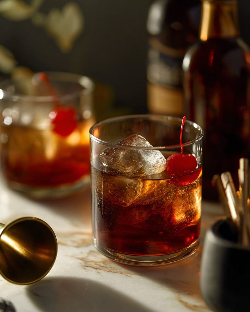 Two short clear glasses filled with dark brown cola and large ice cubes fill almost the entire glass. Each glass has a bright red cherry with a stem resting on top of the ice near the rim. The glasses sit on a white marbled surface surrounded by a lit candle in a small amber jar, a square dark bottle, a gold-colored metal jigger, and a bowl of cherries in a clear glass bowl. The overall scene is cozy and dimly lit, showing reflections on the ice and glasses. Photo taken with an iphone --ar 4:5 --v 7