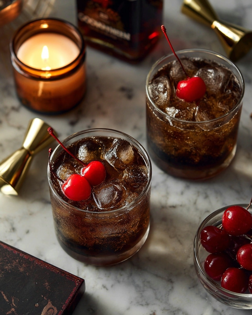 Two clear glass glasses are filled with dark amber liquid, each layered with several translucent ice cubes on top that reflect light softly. One glass is in sharp focus, showing a bright red cherry with a long stem resting near the ice, while the second glass is blurred in the foreground. The setting includes a brass jigger lying on its side near the glasses, a small dark ceramic container with matches, and a blurred brown bottle in the background, all placed on a white marbled surface. The scene has warm, low lighting creating a cozy atmosphere. photo taken with an iphone --ar 4:5 --v 7