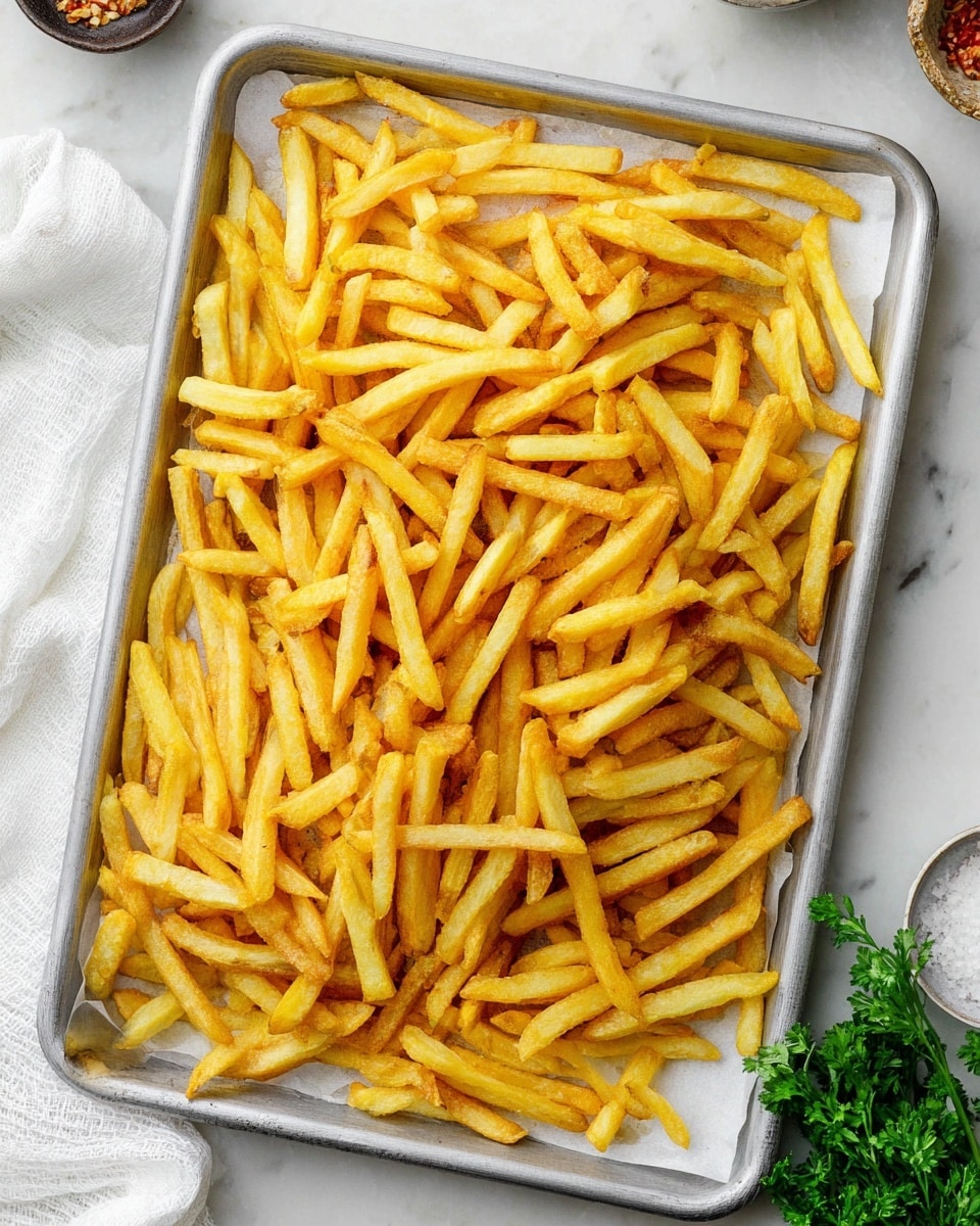 A large silver baking tray lined with white parchment paper is filled with a thick pile of golden-yellow French fries. The fries are thin and crisp with a slightly rough texture and light browning on some edges, spread evenly across the tray. The tray sits on a white marbled surface, with a white cloth partially visible on the lower left corner and some green parsley placed at the bottom right. Nearby, there are small portions of other food items just at the edge of the image, but the focus is on the fries. Photo taken with an iphone --ar 4:5 --v 7