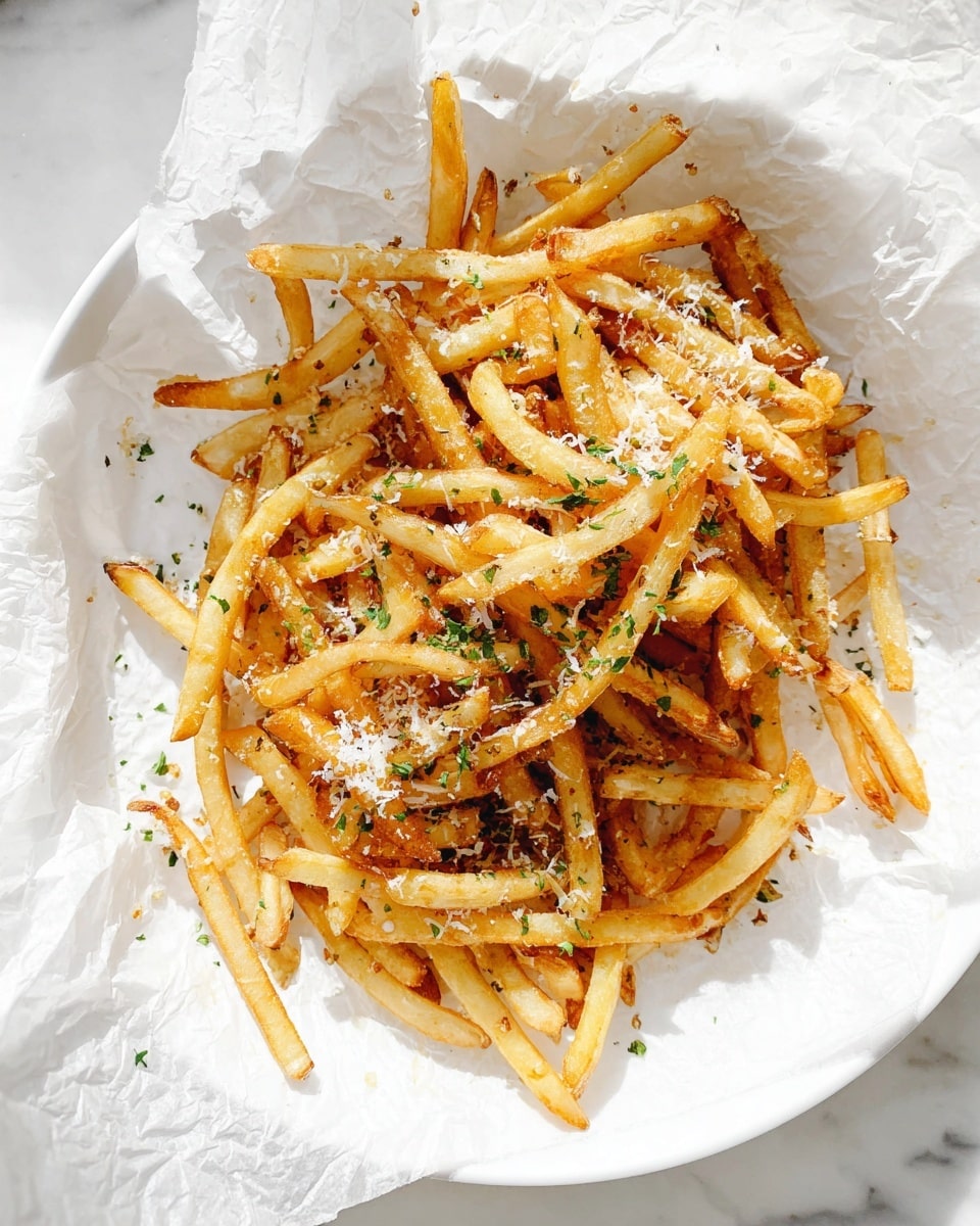 A white bowl lined with crinkled white parchment paper holds a large pile of golden-yellow crispy fries. The fries are thin and long, showing a crunchy texture with some light browning on edges. They are topped with finely grated white cheese that looks light and fluffy, scattered unevenly over the fries. Small bright green parsley pieces are sprinkled generously across the entire pile, adding fresh color contrast. The bowl sits on a white marbled surface with hints of grey veins, keeping the background clean and simple. The photo is clear and bright, focusing closely on the fries to show texture and detail, photo taken with an iphone --ar 4:5 --v 7