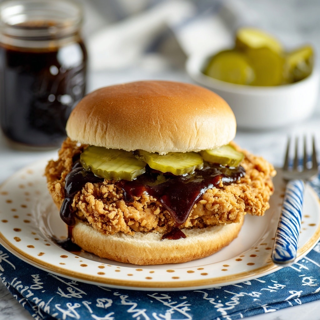 A sandwich with three layers: the bottom layer is a plain bun in light brown, the middle layer is a large piece of crispy fried chicken with a golden brown, crunchy texture, topped with a drizzle of dark, glossy sauce, and the top layer has two pieces of green, wavy pickle slices. The sandwich sits on a white plate with small gold dots around the edge, placed on a blue cloth with white stripes and dark blue writing. In the background, there is a small white bowl with green pickle slices and a glass jar filled with dark sauce next to it, all on a white marbled surface. A fork with a blue and white striped handle lies to the right of the plate. Photo taken with an iphone --ar 4:5 --v 7