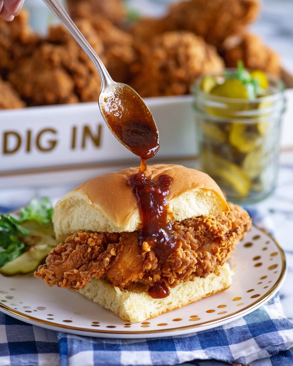 A small clear glass jar filled with dark reddish-brown sauce sits on a white plate with a thin bronze edge, the sauce slightly stained around the jar's rim. Behind it, several pieces of golden-brown fried chicken with a crispy texture fill the background, and to the right, a small white bowl holds pale green pickle slices. The entire scene is set on a white marbled surface with a blue and white cloth beneath, showing part of the text