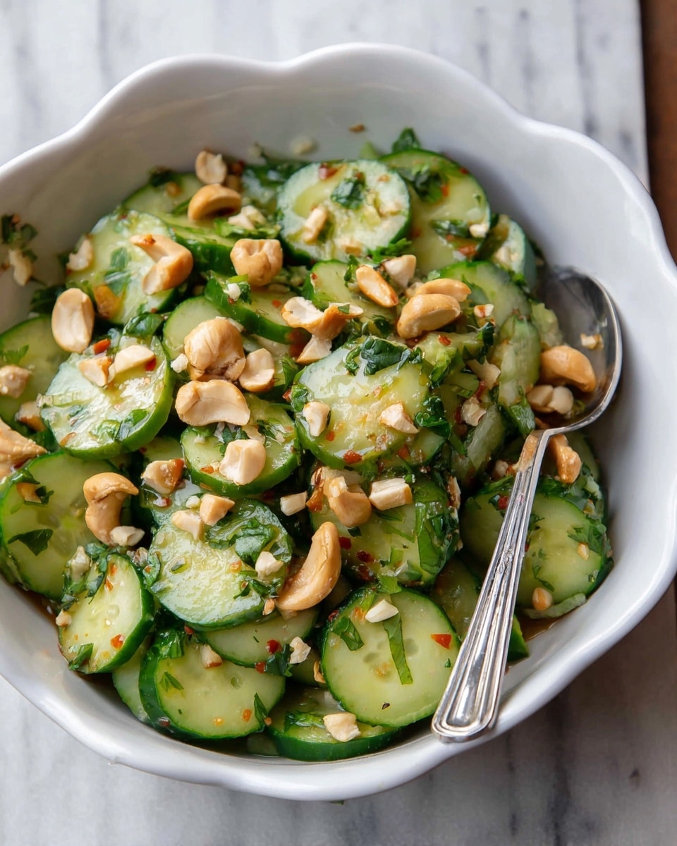 A close-up view of a white bowl filled with a fresh cucumber salad, showing thick slices of dark green-skinned cucumbers mixed with bright green chopped herbs scattered throughout. On top, there are small pieces of light brown cashew nuts adding texture, and a shiny, slightly sticky dressing that coats the cucumbers. The bowl sits on a white marbled surface, enhancing the fresh and clean look of the dish. photo taken with an iphone --ar 4:5 --v 7