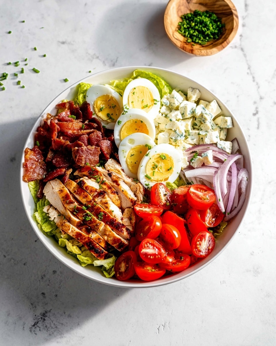 A white bowl on a white marbled surface holds a salad with layers arranged side by side. Starting from the top left, there are slices of hard boiled egg with white and yellow tones. Next to this, bright green avocado half with a smooth texture sits above crispy brown bacon pieces. Below the bacon, grilled chicken slices show a golden brown, slightly charred look on a bed of green lettuce. To the right of the avocado and bacon, chunks of white cheese with blue veins are scattered near thin purple onion rings. The bottom right side of the bowl has bright red cherry tomatoes, some whole and some halved, all sprinkled with small green chives. photo taken with an iphone --ar 4:5 --v 7