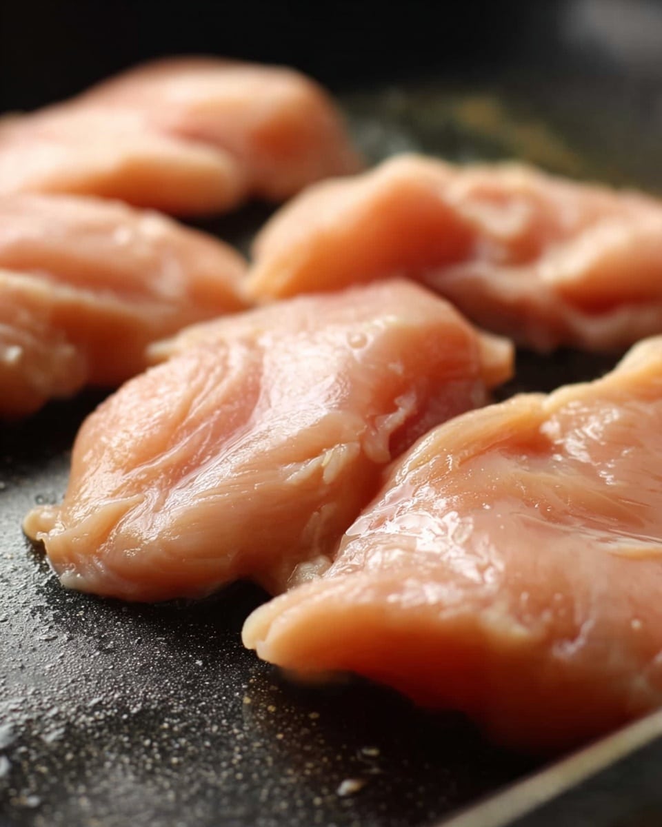 The image shows several pieces of raw chicken placed flat on a dark cooking surface, likely a pan or skillet. The chicken pieces are pale pink with a slightly shiny, moist texture. They are nearly touching each other and have soft, uneven edges. The focus is close-up, highlighting the smoothness and freshness of the raw chicken. The background is blurry, keeping attention on the chicken. photo taken with an iphone --ar 4:5 --v 7