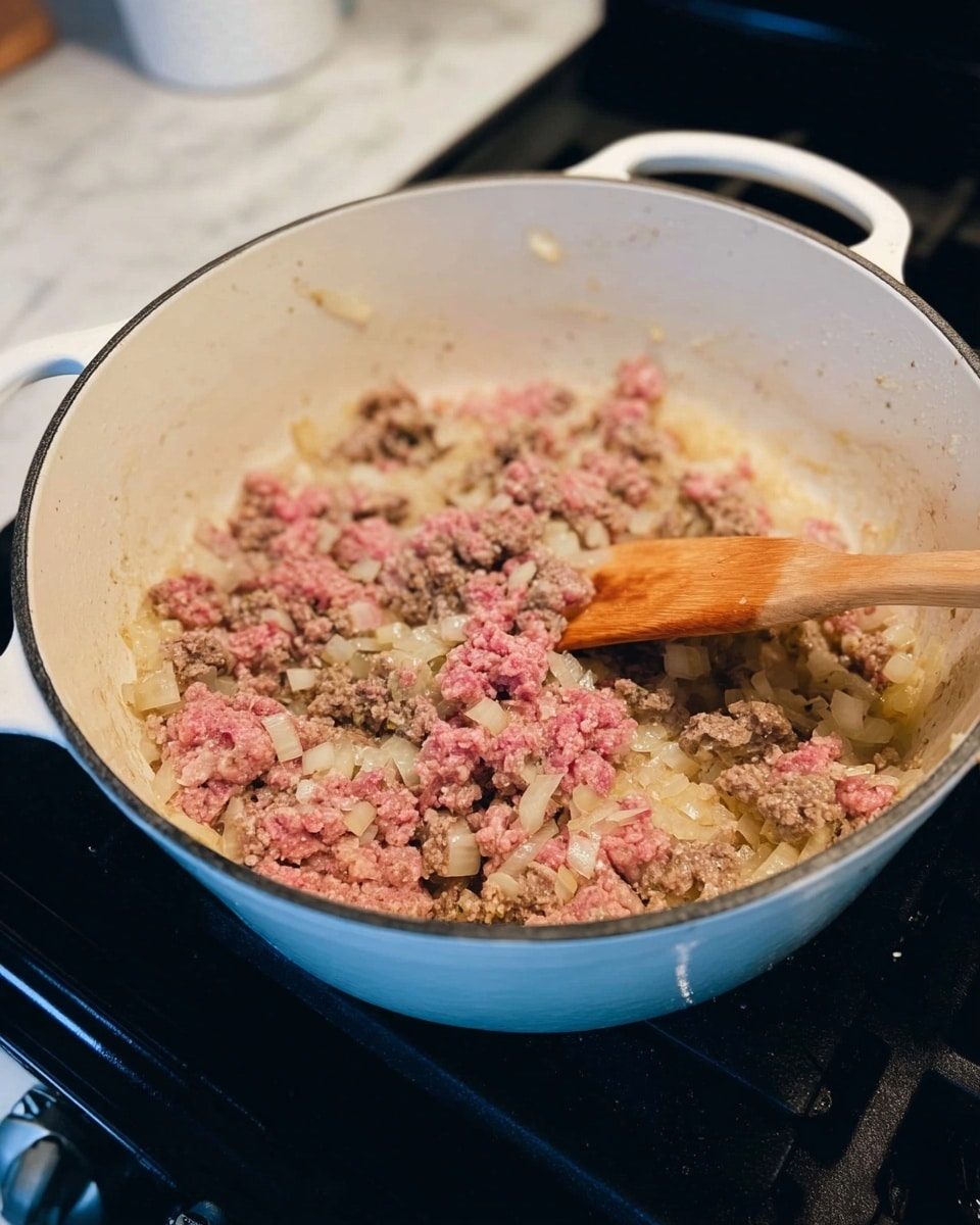 A white large pot with a light blue handle is shown with a wooden spatula inside it. Inside the pot, there is a mix of ground meat and diced onions. The ground meat is partly cooked, showing colors from raw pink to lightly browned grey. The diced onions are translucent and mixed evenly with the meat. The pot sits on a black stove with a white marbled countertop in the background. photo taken with an iphone --ar 4:5 --v 7