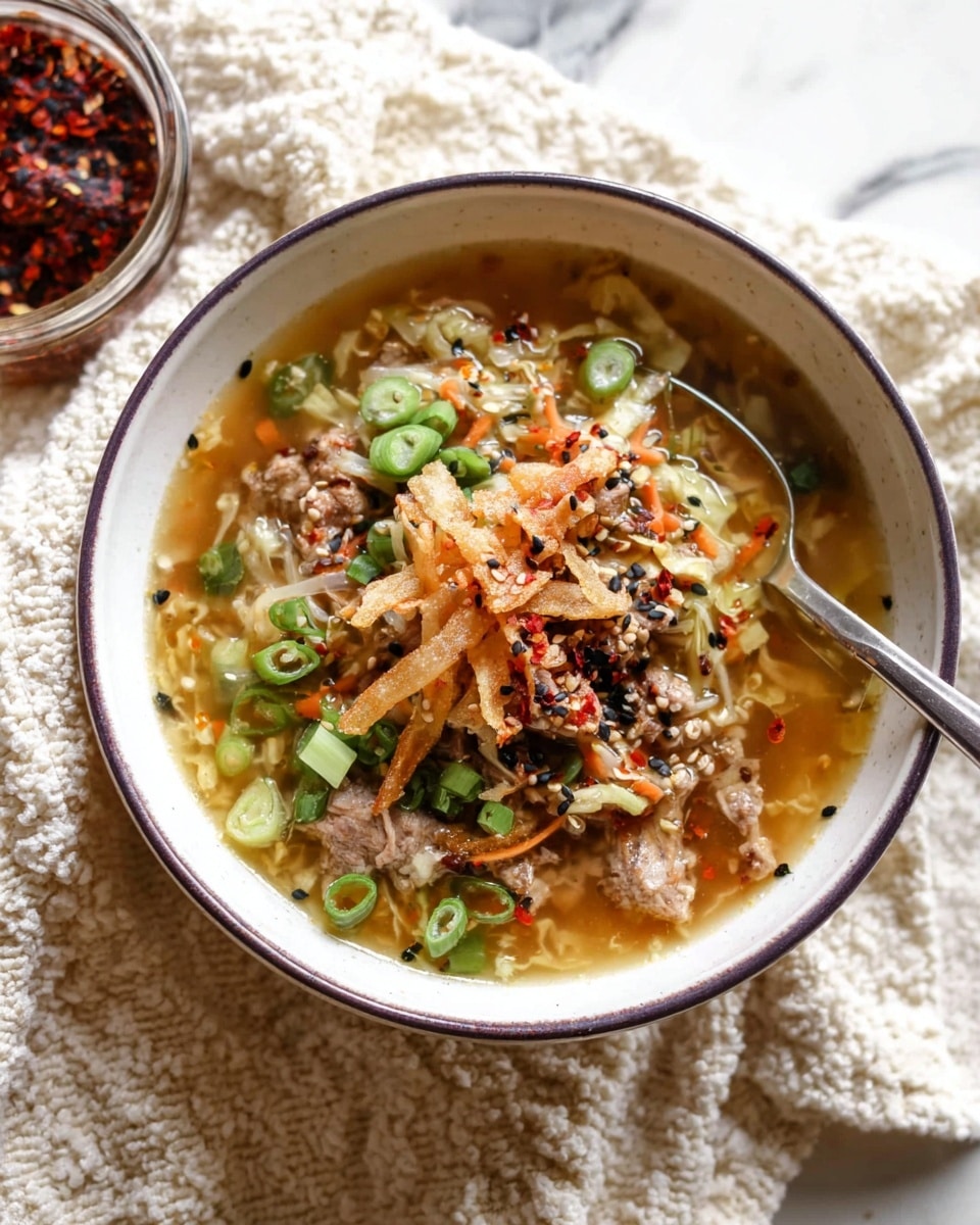A dark-edged white bowl filled with a layered soup, starting with a light brown broth base holding crumbled cooked meat and small diced vegetables like orange carrots and pale onions. On top, there are thin crispy strips that are golden brown and small round green slices, likely green onions, scattered all over. Some dark green herbs and red chili flakes add texture and color contrast. The bowl sits on a beige crocheted cloth, placed on an orange tray with a jar of red chili oil and a bunch of green onions in the background on a white marbled surface. Photo taken with an iphone --ar 4:5 --v 7