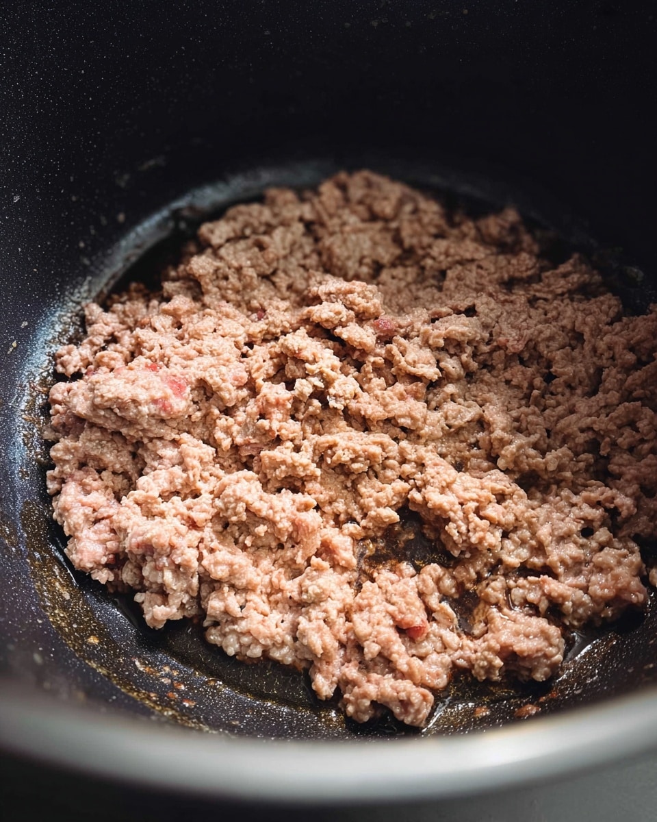 The image shows cooked ground meat inside a large black cooking pot. The meat forms one layer, mostly brown with some areas of slight pink and a soft, crumbly texture mixed with small pools of shiny oil. The inside surface of the pot is smooth and dark, contrasting with the food. The scene is simple, focusing on the meat and pot alone with no other items visible. Photo taken with an iphone --ar 4:5 --v 7