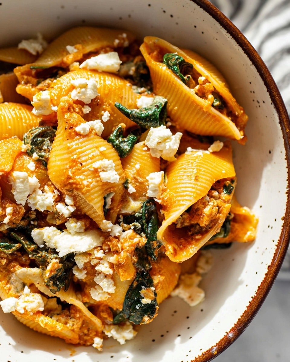 The image shows a large white pan filled with stuffed pasta shells arranged closely in multiple layers. The pasta shells are pale yellow with a soft, smooth texture and are filled with a mix of orange-red sauce with bits of green spinach and browned sausage meat. On top, there are dollops and crumbled pieces of white cheese scattered around. Crispy dark brown sage leaves are placed evenly across the dish, giving a contrast in color and texture. The pan sits on a white marbled surface, surrounded by a striped cloth, a small white bowl filled with more cheese, and two small bowls holding salt and pepper. A clear glass of liquid is also partially visible at the edge. photo taken with an iphone --ar 4:5 --v 7