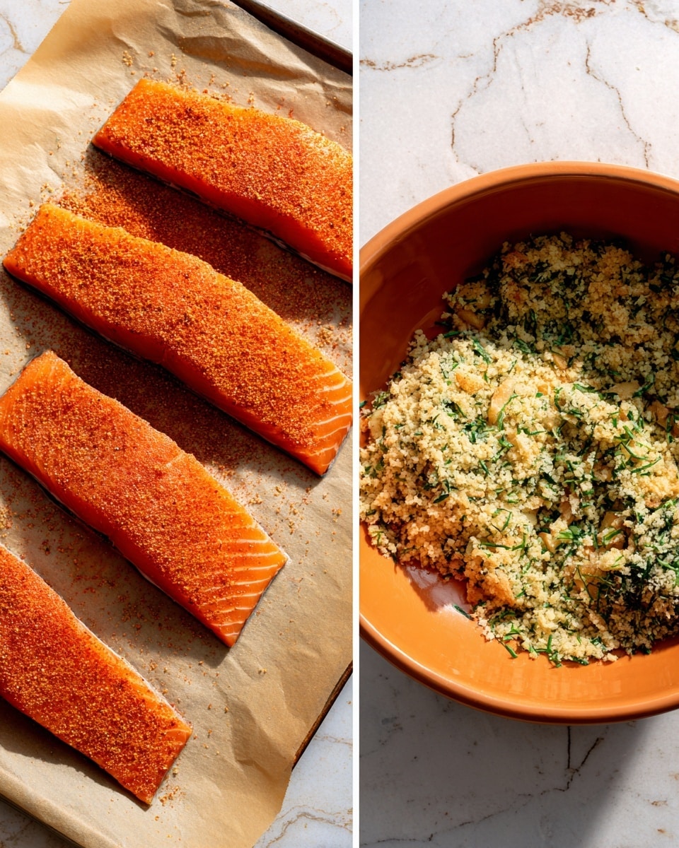 The image shows two side-by-side photos. On the left, three pieces of raw salmon fillets lie flat on a parchment-lined surface, each coated with a smooth, reddish-orange spice mix with visible black specks. The top two pieces are long and rectangular, while the bottom piece is a shorter curved shape. On the right, an orange bowl holds a crumbly mixture that looks like finely grated cheese mixed with green herbs, with a textured, grainy appearance. Both images have a bright, natural light setting and a white marbled textured surface as background. photo taken with an iphone --ar 4:5 --v 7