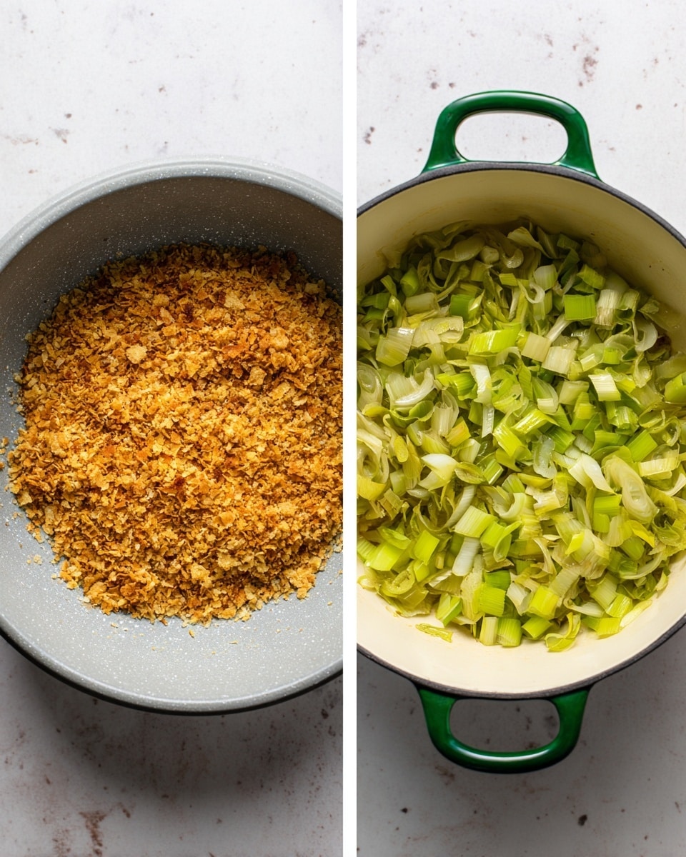 A close-up of rigatoni pasta coated in a thick, bright green sauce, sitting inside a white pot with a blue handle. The pasta pieces are well covered, with a few topped with golden brown crunchy crumbs and shavings of white cheese spread unevenly on top. A light green spatula is partially buried in the pasta near the bottom right, and some coarse black pepper is sprinkled across the dish. The whole scene is set on a white marbled surface. photo taken with an iphone --ar 4:5 --v 7