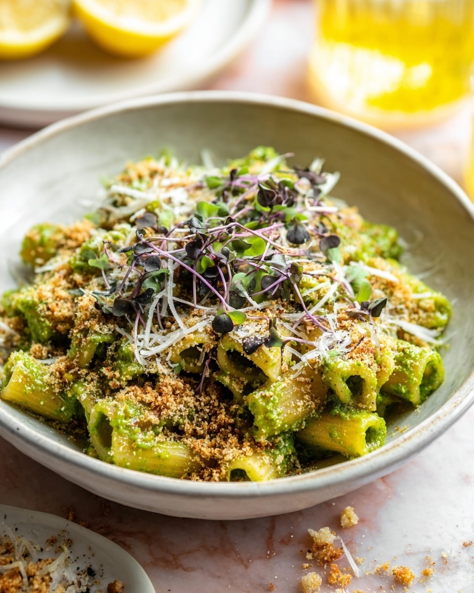 A white bowl filled with short tube pasta covered in a thick, bright green sauce. On top, there is a layer of light brown crispy crumbs sprinkled all over. Shredded white cheese is scattered on top, mixed with small dark purple and green microgreens. The bowl is placed on a white marbled surface with pieces of crumbs around. In the blurred background, there are parts of a white plate with lemon slices and a glass with yellow liquid. photo taken with an iphone --ar 4:5 --v 7