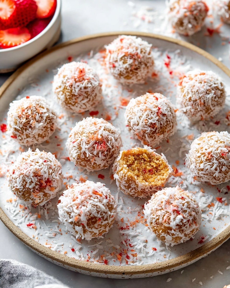 A round white plate with a slight speckled edge holds eleven round treats evenly spaced. Each treat is covered in white shredded coconut with light orange and red specks scattered on top. One treat near the center shows its inside, revealing a crumbly, dense, golden brown texture. The plate rests on a white marbled surface with loose shredded coconut and red crumbs around it. In the background, a white bowl filled with strawberry slices is partially visible. photo taken with an iphone --ar 4:5 --v 7