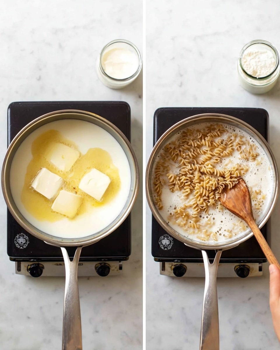 Two side-by-side images show a cooking process on a small electric stove placed on a white marbled surface. The left image shows a metal pot with two white pats of butter melting on a creamy white milk base, forming soft yellow pools around the butter in the center. The right image shows the same pot with many small, curly light brown pasta pieces partially soaked in the creamy white milk, with foam around the edges and a woman's hand stirring the mixture gently with a wooden spoon from the right side. A small jar with a wooden spoon and white contents is visible in the back right corner. Photo taken with an iphone --ar 4:5 --v 7