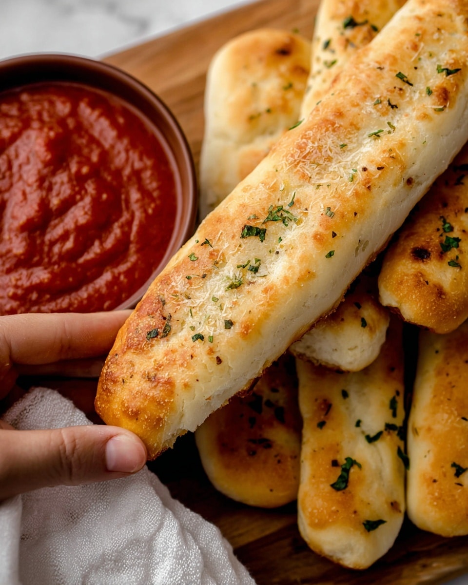 A close-up of four golden breadsticks with light browning and small green herb flakes sprinkled on top, stacked on a wooden board with a white cloth underneath near the top left. On the left side, there is a small brown bowl filled with thick red marinara sauce showing some texture. A woman's hand is gently holding the bottom breadstick, with the white marbled surface visible below the wooden board and cloth. photo taken with an iphone --ar 4:5 --v 7