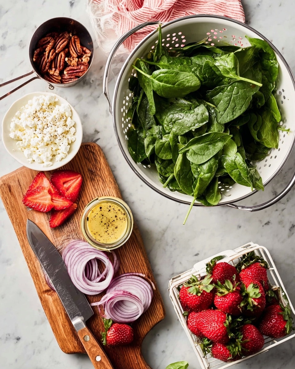 A white colander filled with bright green fresh spinach leaves sits on the right on a white marbled surface. To the left of the colander is a small white bowl with white crumbled cheese. Below that sits a small jar of yellow mustard dressing with visible black pepper on top. Underneath the jar is a wooden cutting board with three layers: thinly sliced rings of purple onions on the bottom left, a metal measuring cup filled with dark brown pecans at the top left, and a kitchen knife with a wooden handle laying diagonally with its blade under sliced red strawberries, one of which is heart-shaped and close to the knife. Below the cutting board, on the white marbled surface, is a small white basket filled with whole red strawberries with green leaves on top. photo taken with an iphone --ar 4:5 --v 7