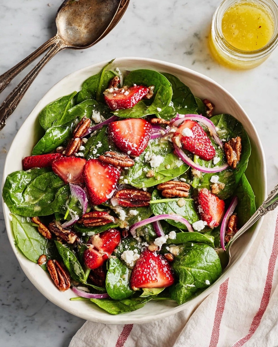 A white bowl filled with a fresh salad showing three main layers: large bright green spinach leaves as the base, topped with red sliced strawberries and thin purple onion rings scattered evenly, and finished with brown pecans and white crumbled cheese sprinkled across the top. The bowl is placed on a white marbled surface, with an old silver spoon and fork nearby, and a small clear glass jar with yellow dressing visible in the upper right corner, along with a white cloth that has thin red stripes. photo taken with an iphone --ar 4:5 --v 7