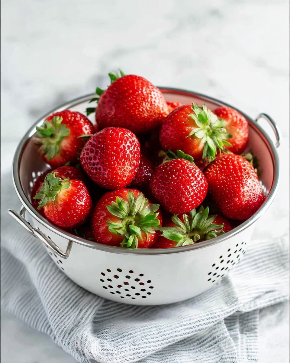 A wooden bowl filled with a fresh salad sits on a blue-striped cloth over a white marbled surface. The salad has three main layers: the bottom layer is bright green spinach leaves that look fresh and leafy. On top of the spinach, there are many slices of red strawberries, some cut in halves showing their juicy inside. Scattered among the spinach and strawberries are small pieces of white crumbly cheese and brown chopped nuts, adding texture and color contrast. In the background, parts of torn pieces of light bread and a white fork rest on the marbled surface, with a glass jar containing a dark liquid visible to the left. The scene is brightly lit, showing clear details and fresh ingredients. photo taken with an iphone --ar 4:5 --v 7
